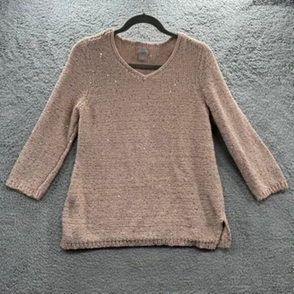 Chico's Size 1 (Medium / Size 8) Pink Sparkly Sweater V-Neck Soft - Picture 1 of 9